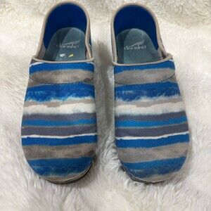 Dansko Women's Slip-On Clogs Blue Gray Striped Green Outsole EU 37 US 7